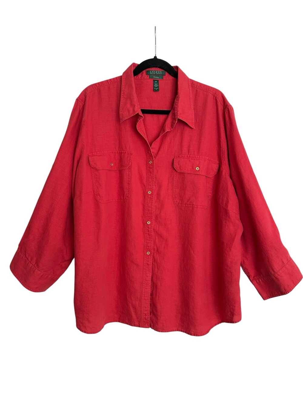 RALPH LAUREN 100% Linen Button Front Shirt 3X Red Roll Tab Sleev Coastal Classic